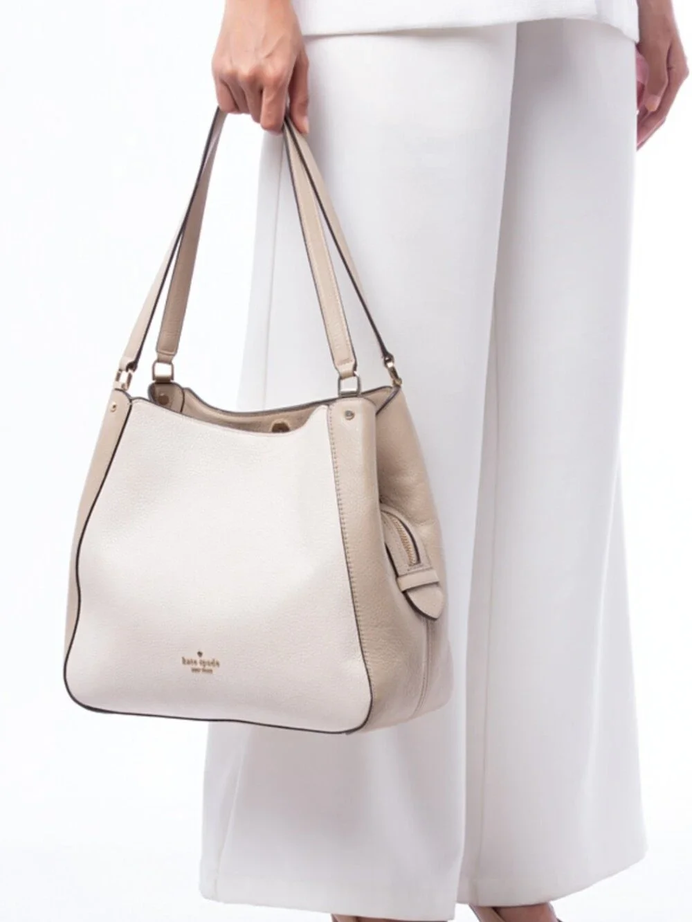 kate spade Cream Leila Pebbled Leather Shoulder Tote with Gold Logo Women's